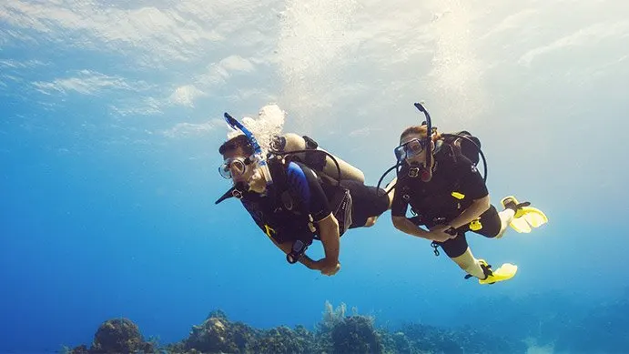 Two divers in mid water