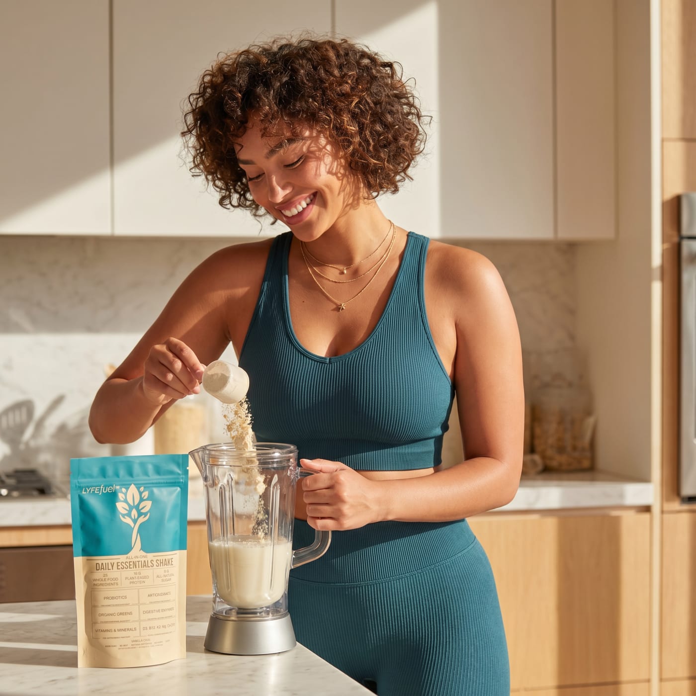 LyfeFuel Daily Essentials Shake being poured into a glass with chocolate pieces on the side