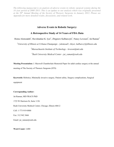 Adverse Events in Robotic Surgery: A Retrospective Study of 14 Years of FDA Data
