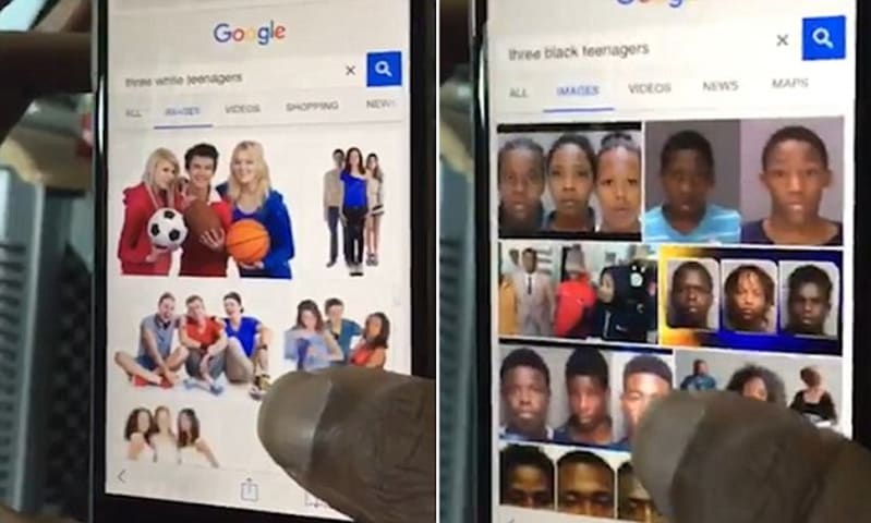 Google Image search for 'three black teenagers' vs 'three white teenagers' causes outrage