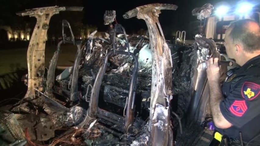 ‘No one was driving the car’: 2 men dead after fiery Tesla crash near The Woodlands, officials say