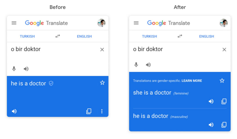 Google Translate now gives feminine and masculine translations