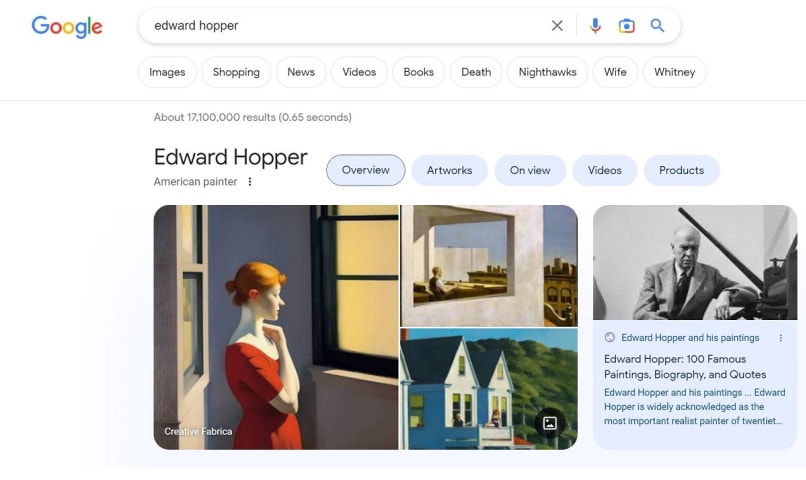 El mejor resultado de Google para "Edward Hopper", una falsificación generada por IA