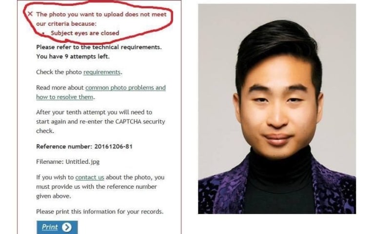 Robot passport checker rejects Asian man's photo for having his eyes closed