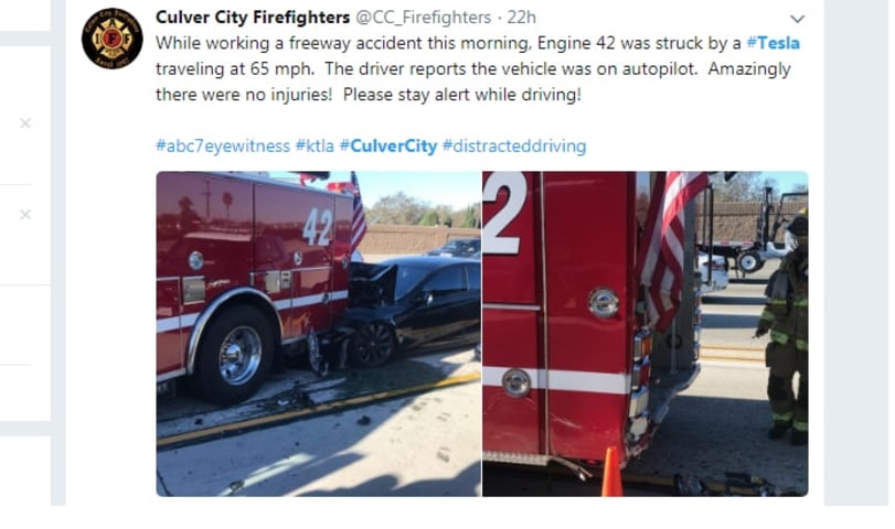 Tesla on Autopilot Collided with Parked Fire Truck on California Freeway