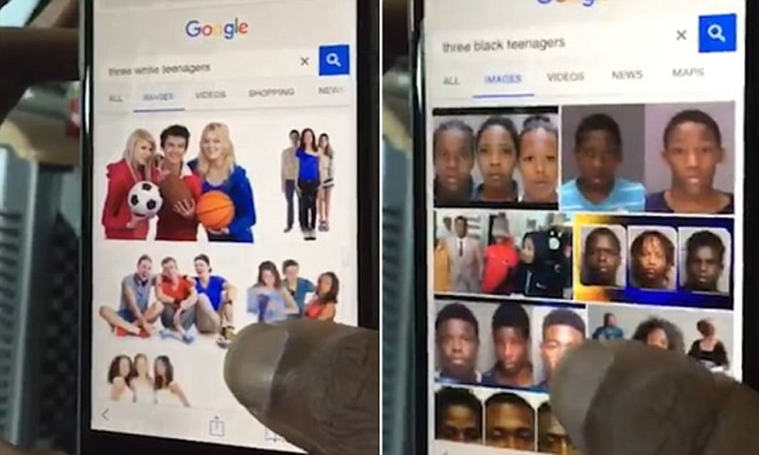 Google Image search for 'three black teenagers' vs 'three white teenagers' causes outrage