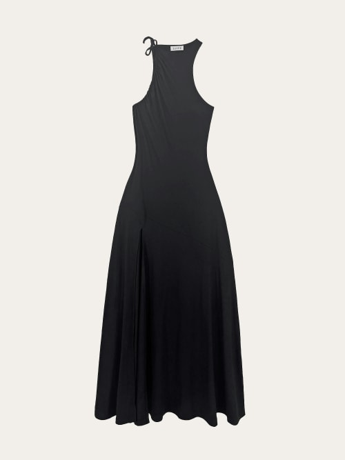 Photo de la pièce Robe longue noire asymétrique ras du cou disponible à la location en ligne ou dans notre showroom à Paris