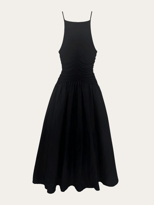 Photo de la pièce Robe longue noire bi-matière à bretelles disponible à la location en ligne ou dans notre showroom à Paris
