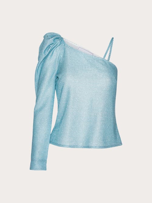 Photo de la pièce Top one shoulder bleu ciel pailleté disponible à la location en ligne ou dans notre showroom à Paris
