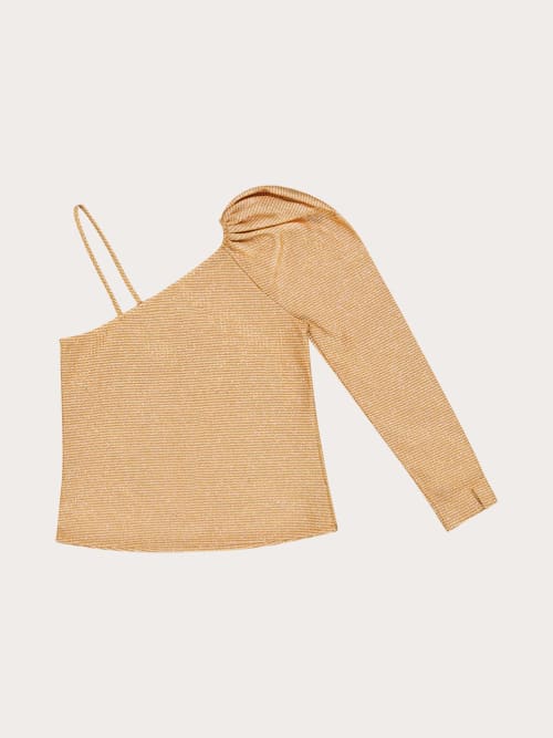 Photo de la pièce Top one shoulder cuivre pailleté  disponible à la location en ligne ou dans notre showroom à Paris