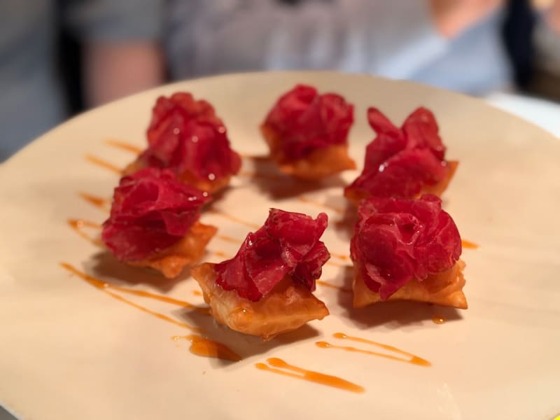 Gnocco Fritto, Tajima Wagyu Bresaola Mbs9+, Gorgonzola, Vin Santo at Otto Ristorante