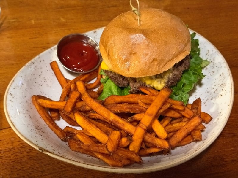 Smash Burger with Sweet Potato Fries at Hāna Ranch Restaurant