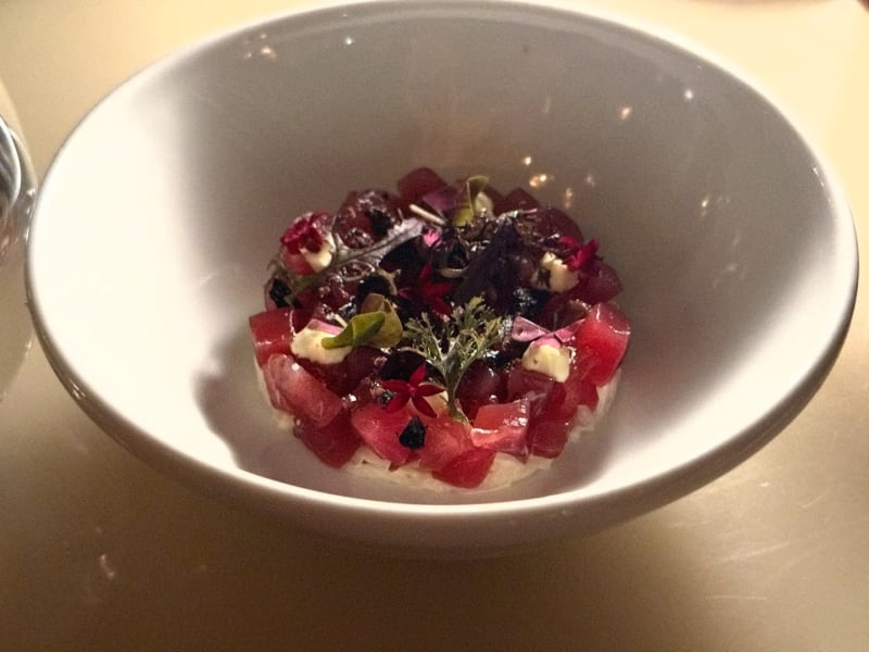 Diced Mooloolaba Yellowfin Tuna, Preserved Daikon, Seaweed, Anchovy Aioli at Bennelong