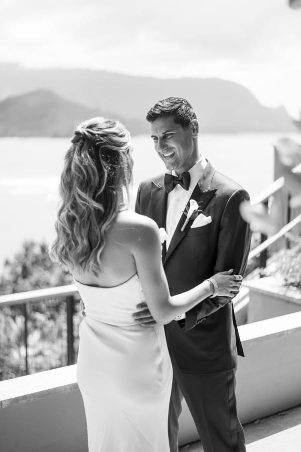 Wedding first look overlooking the bay at 1 Hotel Hanalei Bay Kauai