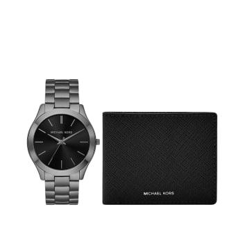 Michael Kors Slim Runway Gunmetal Black Mens Watch and Wallet Gift Set