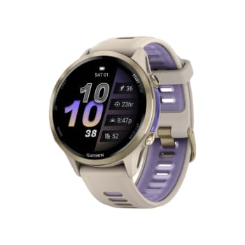 Garmin® Forerunner® 970 Soft Gold Titanium with French Gray Case and Gray/Translucent Indigo Band 47mm