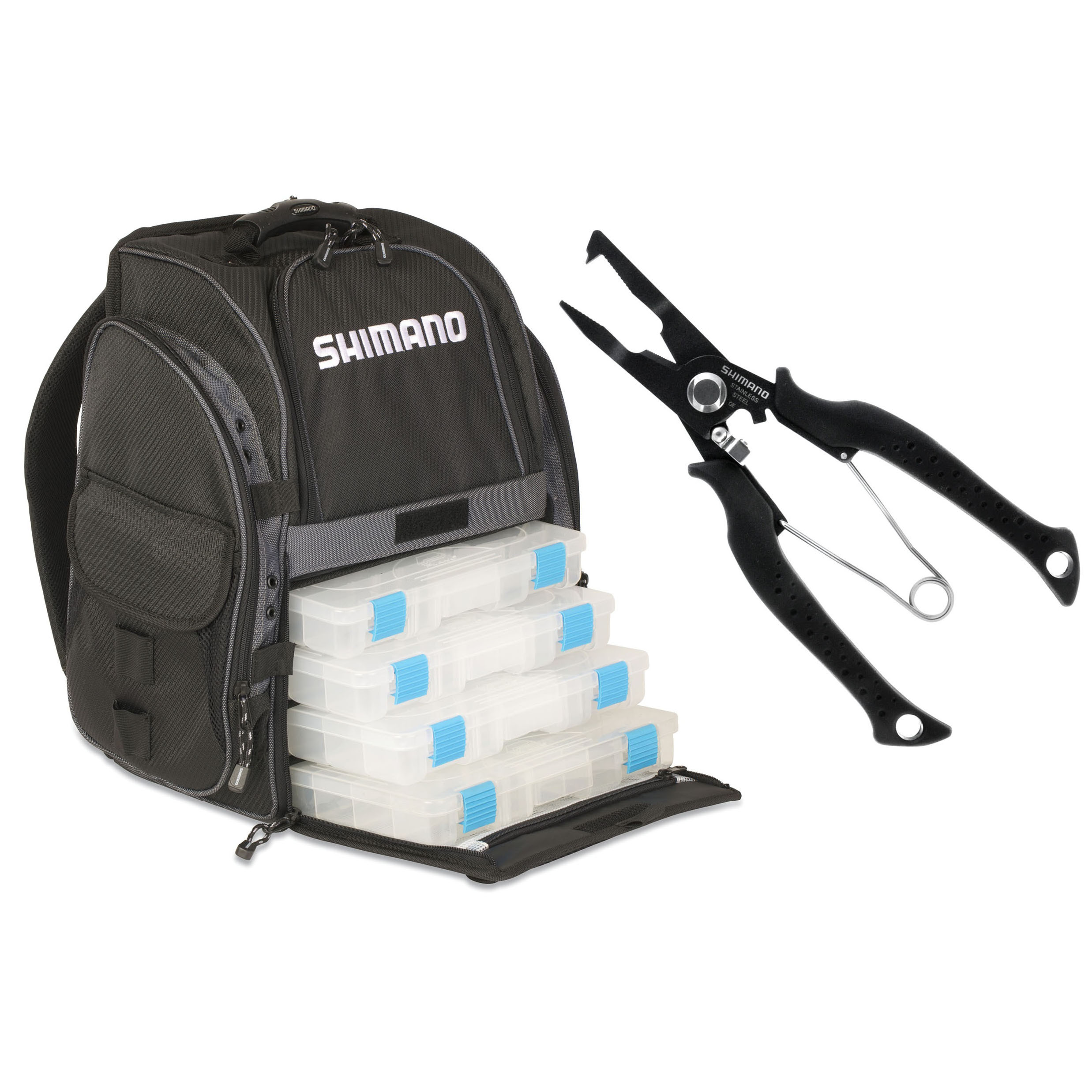 Shimano Blackmoon Fishing Backpack & Brutas 7 Stainless Steel Power Plier  Combo