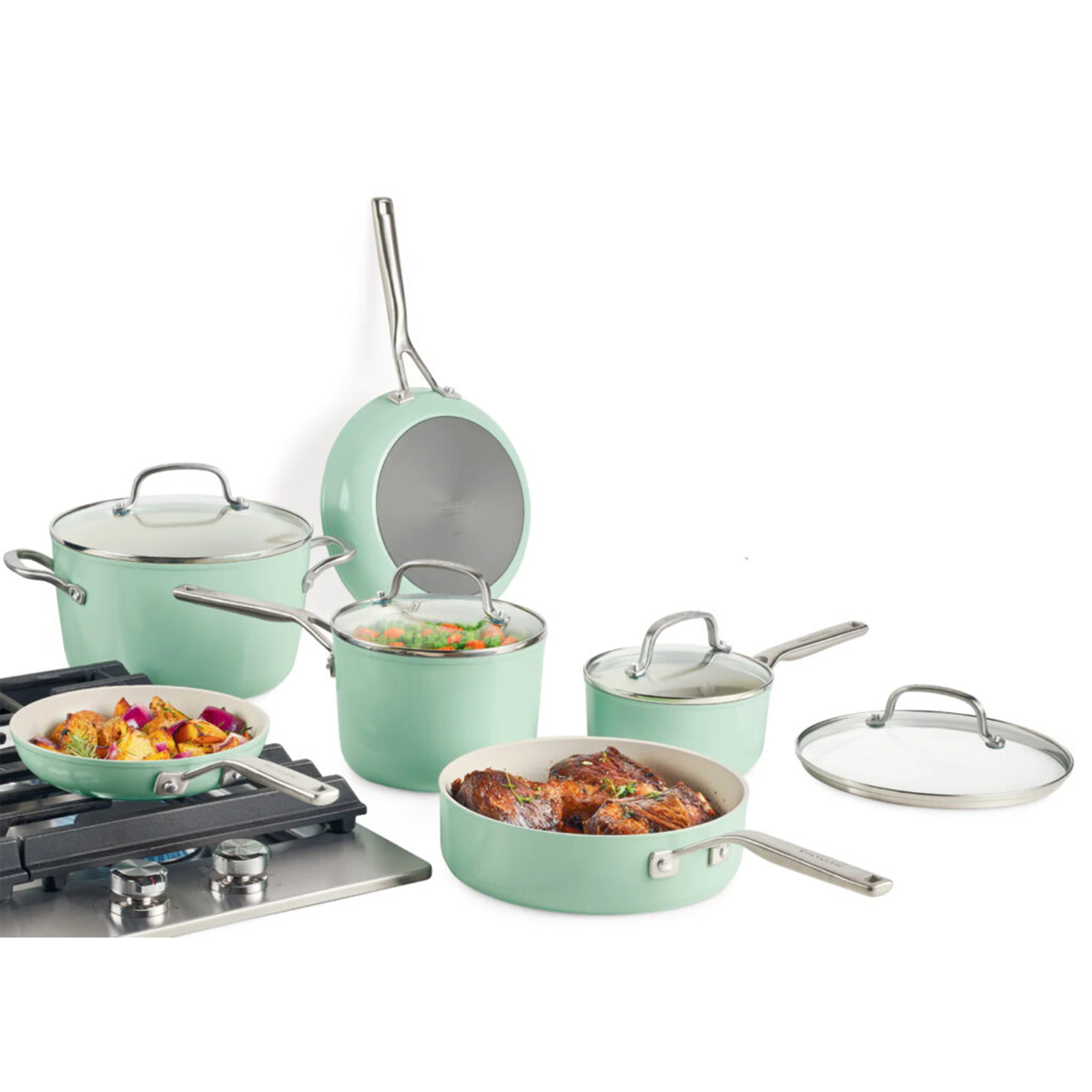 Kitchenaid Hard Anodized 10pc Nonstick Ceramic Cookware Pots And Pans Set -  Pistachio : Target