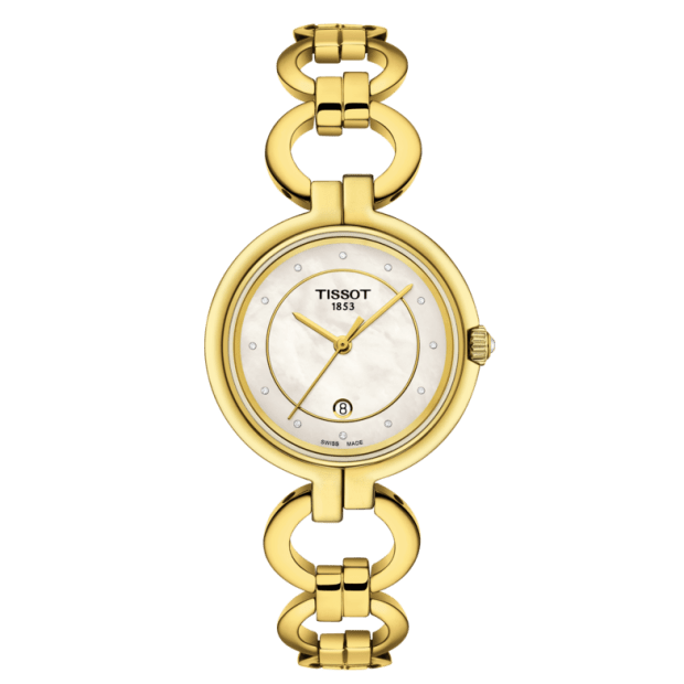 Tissot Flamingo Mother of Pearl Dial Gold Stainless Steel Bracelet Ladies Watch