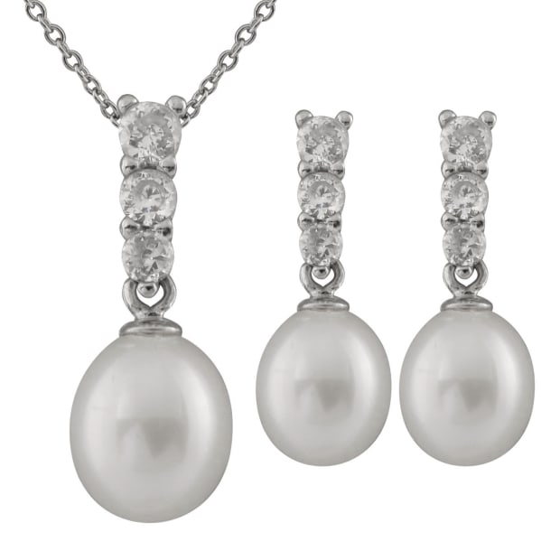 BELLA PEARLS CZ Sterling Silver 7-8mm Fresh Water Pearl 17'' Necklace and Earring Set