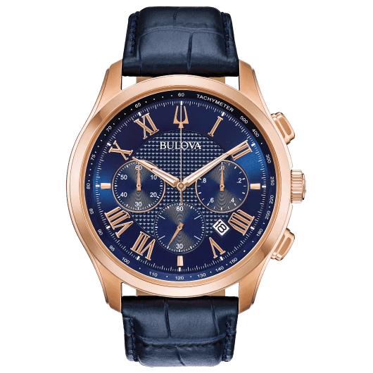 Bulova Men's Rose Gold Blue Dial Blue Leather Strap Classic Watch