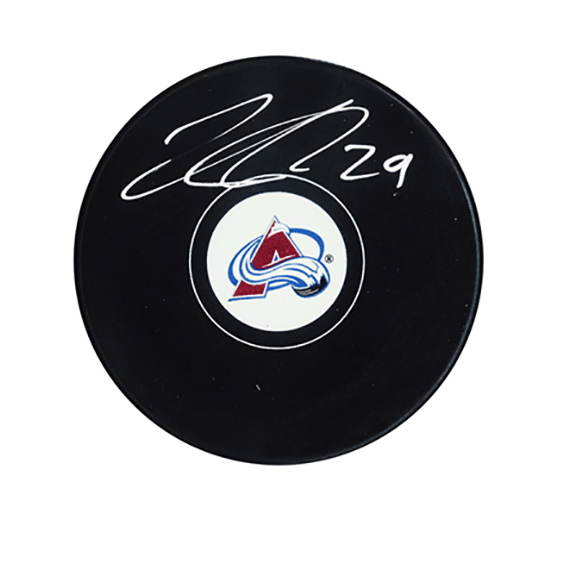 Frameworth Nathan MacKinnon Signed Puck Avalanche Logo