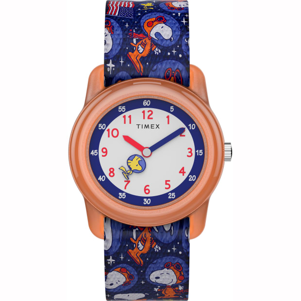 Timex X Space Snoopy - Kids Analog Elastic Fabric Strap Watch - Orange/Blue