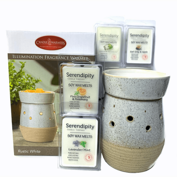 Serendipity Candles Rustic White Illumination Wax Melter with 4 Soy Wax Melts