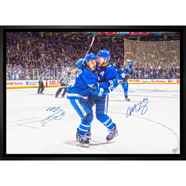 Frameworth Mitch Marner / Morgan Rielly Dual Signed 20x29 Canvas Framed Toronto Maple Leafs Blue Celebration