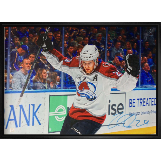 Frameworth Nathan MacKinnon Signed 20x29 Canvas Framed Avalanche White