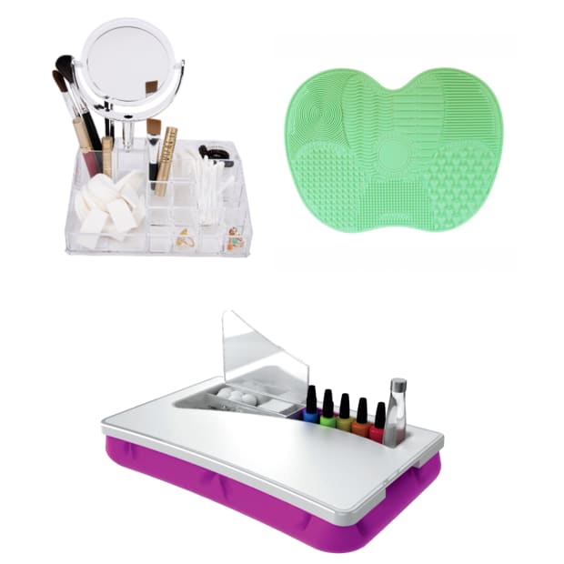Perfect Solutions Cosmetic Organizer with Mirror, Laptop Manicure Salon and Makeup Brush Cleansing Mat