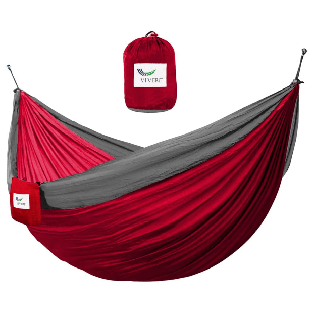 Vivere Double Parachute Hammock with Ultra Light Tree Straps - Crimson/Grey #1