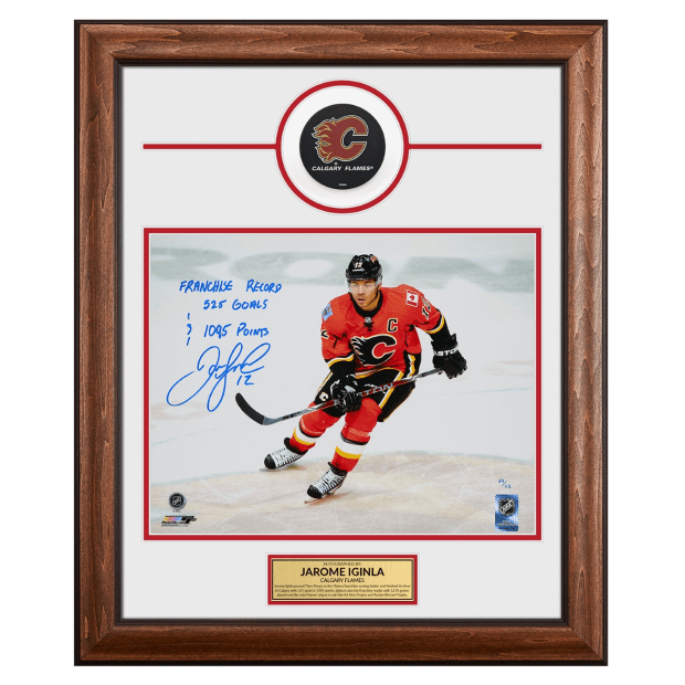 AJ Sports Jarome Iginla Calgary Flames Signed & Inscribed Franchise Record 20 x 24 Puck Frame