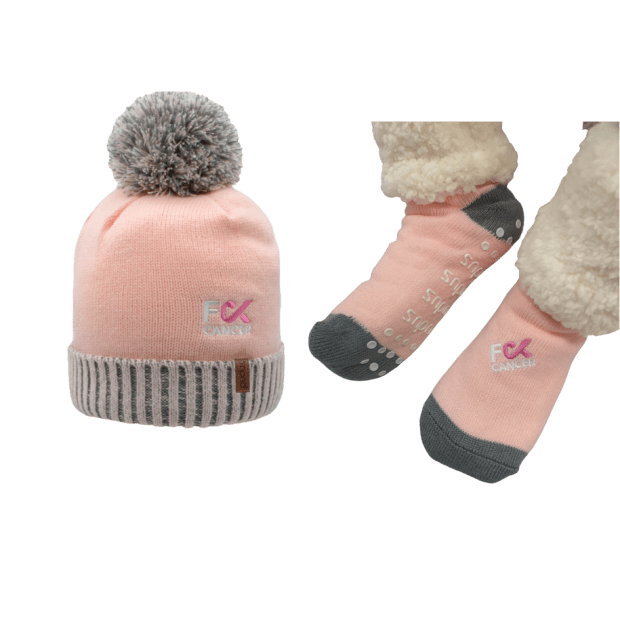 Pudus Breast Cancer Pink Slipper Socks and Toque Hat Bundle #1