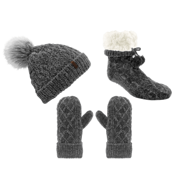 Pudus Chenille Winter Hat Mittens and Slipper Socks Bundle – Grey