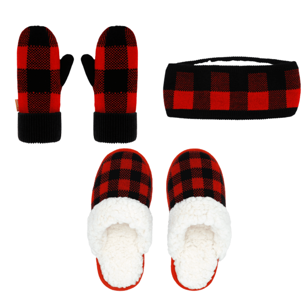 Pudus Winter Mittens, Headband and Slide Slippers Bundle – Lumberjack Red #1
