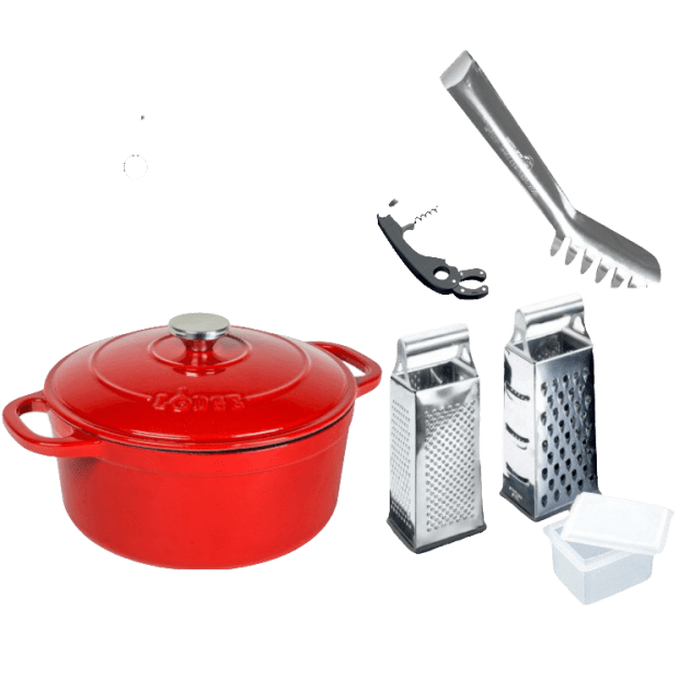 Lodge Enameled Cast Iron 5.5-Quart Red Dutch Oven with Metaltex Accessories