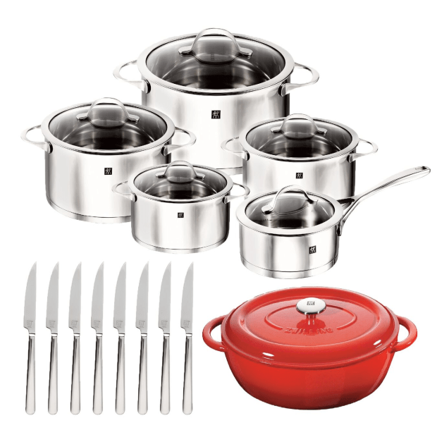 Zwilling® Essence 10-Piece Cookware Set with Bonus Cast Iron French Oven and 8-Piece Steak Knives #1