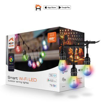 Nexxt Smart Home Outdoor Wifi LED String Lights 24 Bulbs 48ft Long IP65 White & RGB Dimmable Alexa & Google - Black