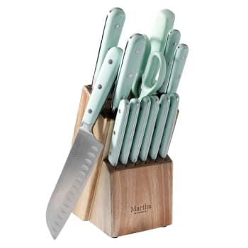 Martha Stewart 14-Piece Stainless Steel Knife Set with Triple Riveted Forged Handles and Acacia Wood Block - Martha Blue
