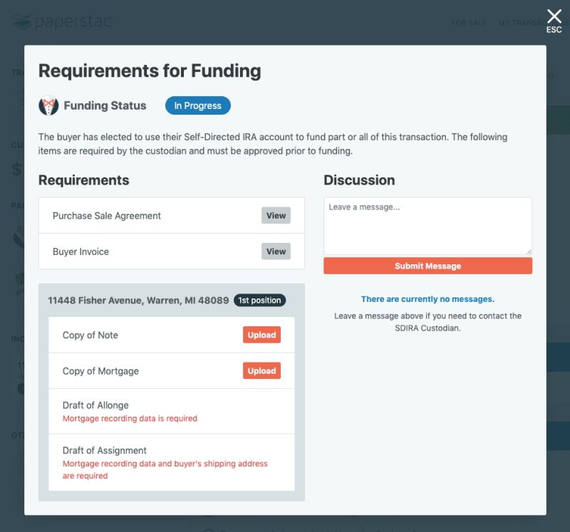 Screenshot of Requirements for SDIRA Funding section on Paperstac