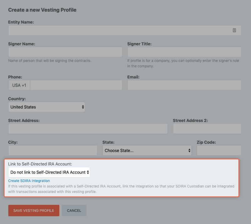 Screenshot of Paperstac create a vesting profile form