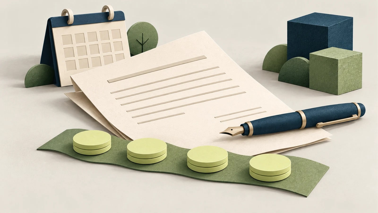 A loan document and pen beside evenly spaced coin discs, illustrating a written promise to repay.