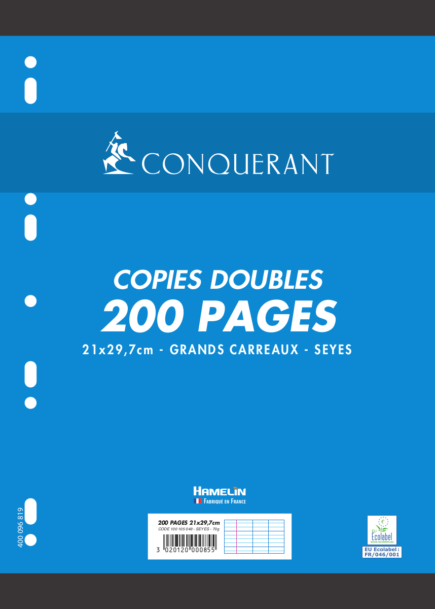 400 Copies Doubles Perforées 21X29,7 A4 Grands Carreaux Seyes 70G