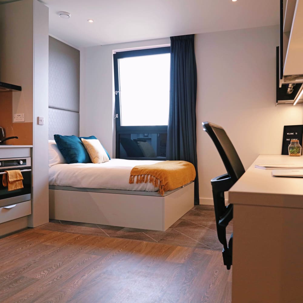 Birmingham student accommodation with bed and desk