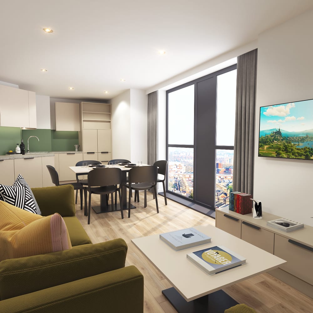 Sofa, kitchen, TV, and dining area inside a student accommodation room