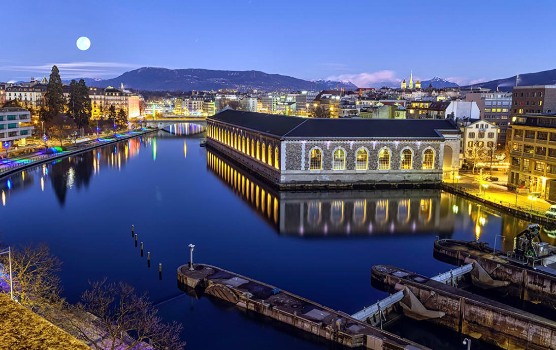 Geneva, cathedral tower and Rhone river