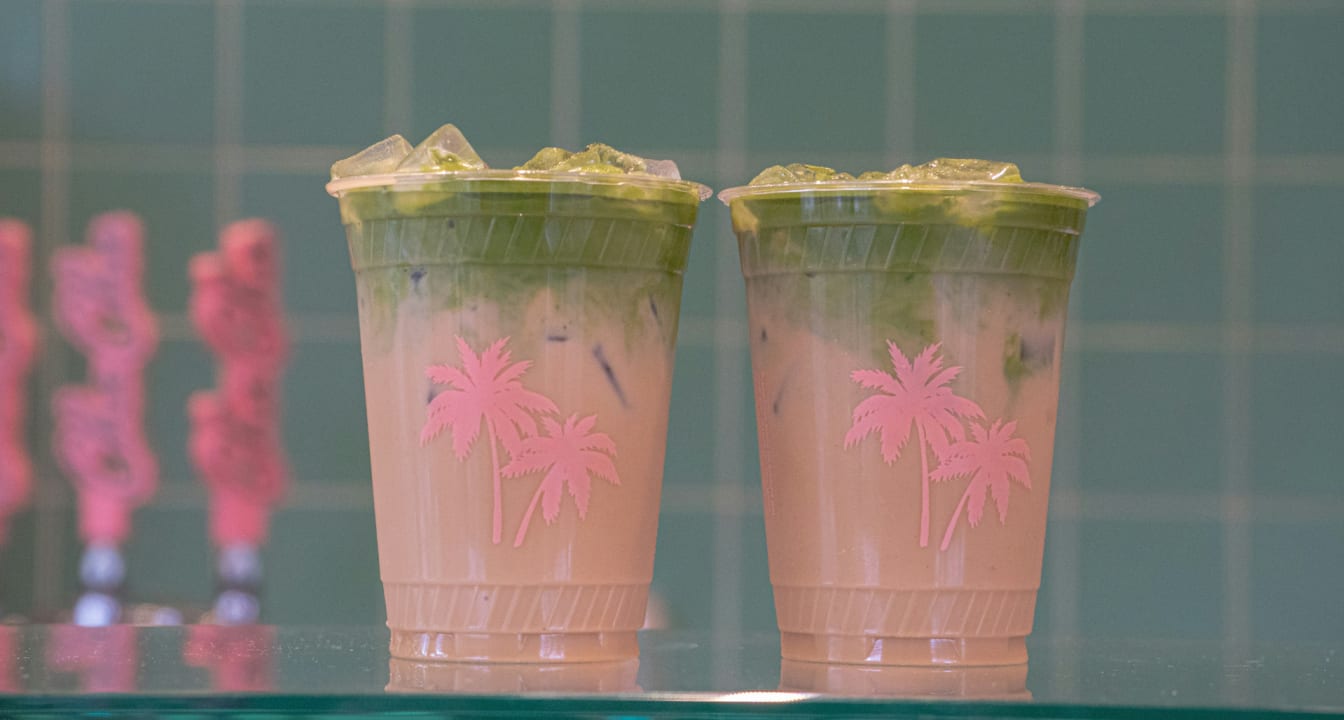 Pink and green bubble tea drinks