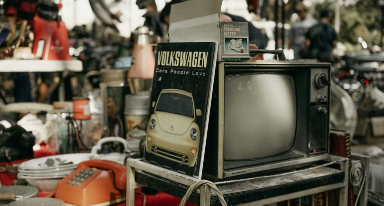 Charity shop stocked with an old tv and phone, and a sign for Volkswagen