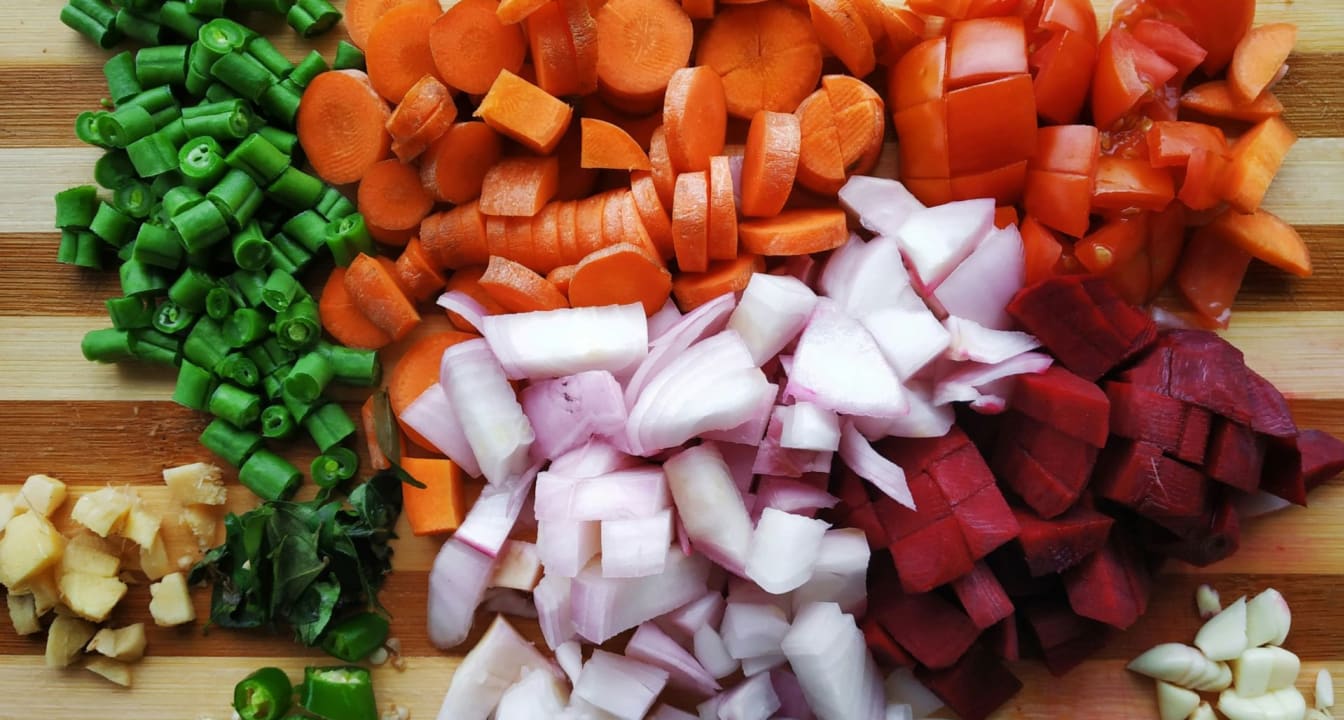 Chopped onion, beetroot, carrots, tomatoes, garlic and peppers